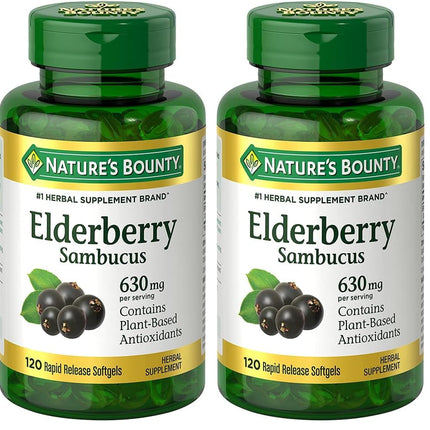 Nature's Bounty Sambucus Elderberry Herbal Supplement, Rapid Release Softgels, 630 mg per Serving, 120 Count (Pack of 2)
