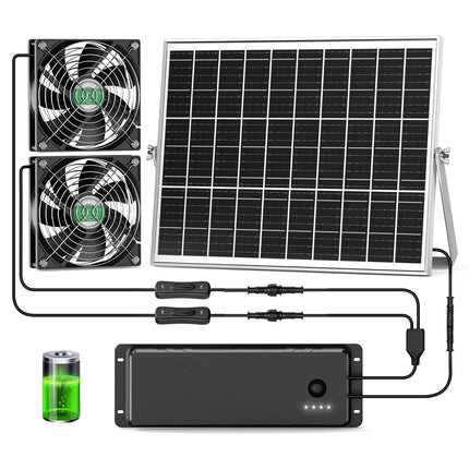 pqins Solar Fan with Battery, 25W Solar Powered Rechargeable Fan Outdoor Waterproof, 12800 mAh Battery Exhuast or Intake Fans, For Chicken Coop Greenhouse Dog Shed Ventilation Cooling