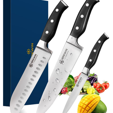 Brewin Professional Kitchen Knives, 3PC Chef Knife Set Sharp Knives for Kitchen High Carbon Stainless Steel, Japanese Cooking Knife with Gift Box