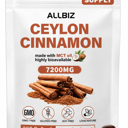 ALLBIZ Ceylon Cinnamon Softgels 360 Count with MCT Oil, Sourced from Sri Lanka, Low Coumarin Formula, Easy-to-Absorb Cinnamon Extract, Non-GMO & Gluten Free Capsules for Daily Wellness