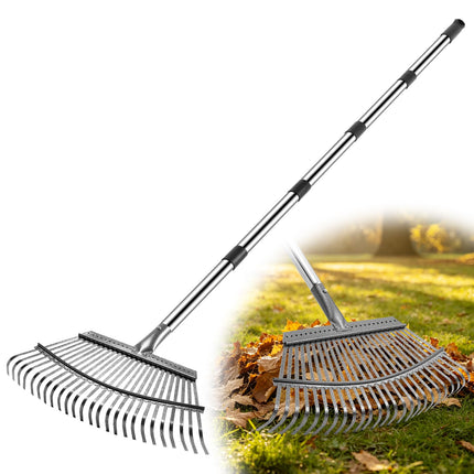 Heavy Duty Garden Rake, Metal Leaf Rake with 73 Inch Adjustable Handle and 25 Tines for Lawn, Yard, Garden Beds, Leaves, Debris and Shrubs