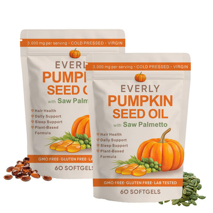 Everly Pumpkin Seed Oil with Saw Palmetto, Cold Pressed, Pure Virgin Oil, Rich in Essential Fatty Acids, Cold Pressed Pumpkin Seed Oil Capsules, Non-GMO, 60 SOFTGELS (2PCS)