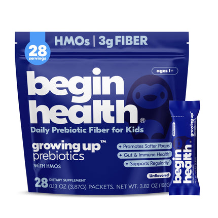 Begin Health Growing Up Prebiotics for Kids 28-Packs | Prebiotic Soluble Powder Stool Softeners and Digestive Gut Health Supplement | Ideal to Mix with Kids Daily Beverages and Soft Foods - Unflavored