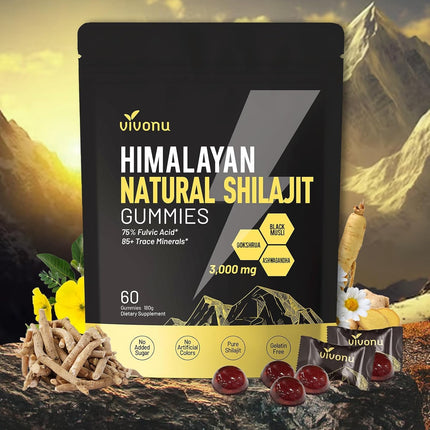 VIVONU Himalayan* Shilajit* Gummies with Ashwagandha* & Gokshura | 85+ Trace Minerals & Fulvic Acid | Organic, Micronutrient Supplement for Men & Women-3000mg | 4000mg (3,000 mg / 2 Packet)