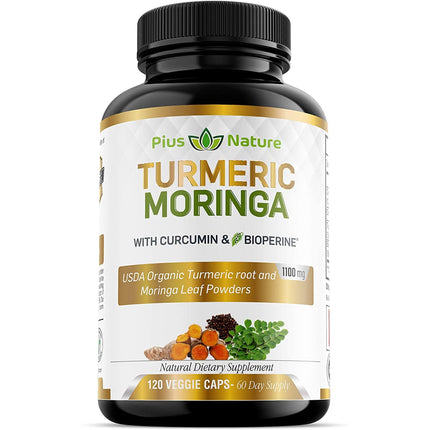 PIUS NATURE Turmeric Moringa - Organic Turmeric Curcumin Supplements and Organic Moringa Powder - 120 Veggie Capsules Supplement for Women and Men