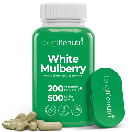 White Mulberry Leaf Extract 500mg - Sourced from Morus Alba Leaf, 200 Vegetarian Capsules, Supplement for Natural Balance and Wellness, 200-Day Supply, GMP Certified, Made in USA