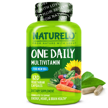 NATURELO Mens Multivitamins for Men 50+ - One Daily Multivitamin for Men with Vitamins, Minerals & Organic Whole Foods, Boost Energy & Health, Non-GMO, 120 Vegetarian Capsules