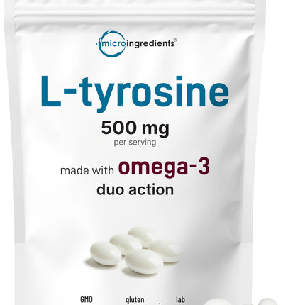 L Tyrosine Supplement 500mg with Omega-3, 360 Softgels | Duo Action Amino Acids + Omega from Flaxseed Oil 1,000mg with ALA | Heart and Mood Support | Brain Supplements for Memory and Focus | Non-GMO