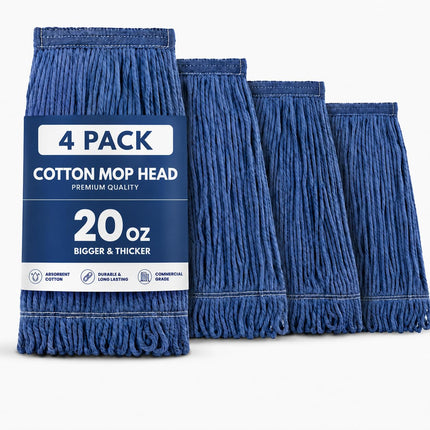 20oz Heavy Duty Cleaning Mop Head Replacement - 4 Pack - Commercial Replacement, Wet Industrial Blue Cotton Looped End String Head Refill