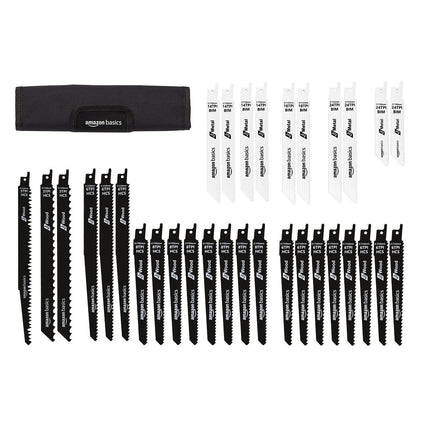 Amazon Basics Chromium Vanadium Steel Reciprocating Saw Blade Set with Organizer Pouch, Compatible For Plastic, 32-Pieces, Black & White