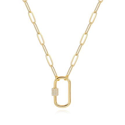 Aobei Pearl 18K Gold Paperclip Chain Necklace Fashion CZ Pave Oval Screw Lock Carabiner Clasp Pendant Necklace Geometric Link Chain Layering Jewelry for Women