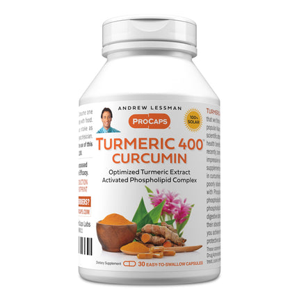 ANDREW LESSMAN Turmeric 400mg - 30 Capsules - 95% Curcuminoids as Phospholipid Complex for Optimum Benefits and Absorption, High Potency Standardized Extract, Small Easy to Swallow Capsules