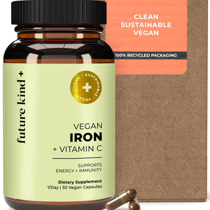 Future Kind Iron Supplement for Women and Men, Daily Energy & Focus, Chelated Iron Bisglycinate, 18mg 100% DV with Vitamin C for Absorption - Gentle on Stomach, Non-GMO Vegan Capsules, 30 Day Supply