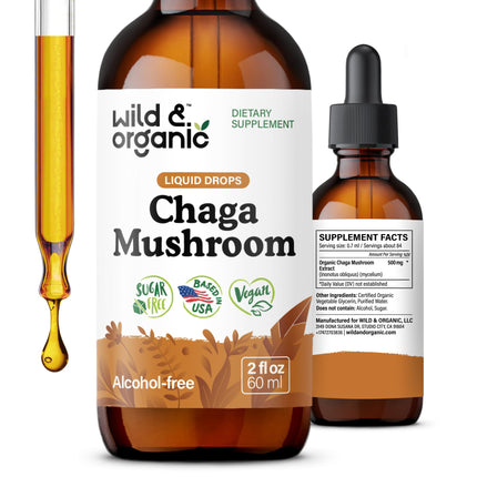 Wild & Organic Chaga Mushroom Tincture - Immune, Digestive & Energy Support - Fast Absorbing Chaga Mushroom Drops - Add to Tea Liquid Extract - Vegan, Sugar & Alcohol-Free - 2 fl oz