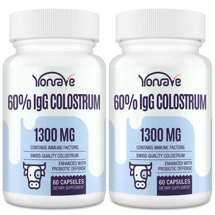 Yonrave Bovine Colostrum Capsules Supplement 1300mg - Extra High 60% IgG Bovine Colostrum - Gut, Bone, Exercise, Immune - 120 Capsules