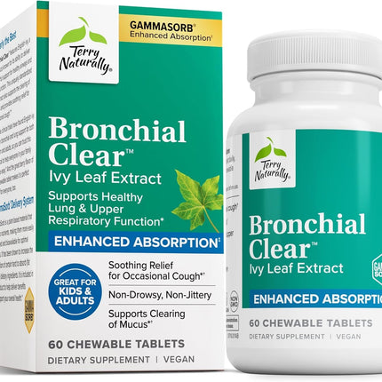 Terry Naturally Bronchial Clear Ivy Leaf Extract Chewable - Lung & Respiratory Health Support Supplement - Dietary Supplement with English Ivy Leaf Extract - 60 Chewable Tablets (60 Servings)