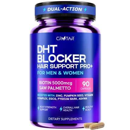 Crotar DHT Blocker for Women & Men | Dual Action Hair Growth Supplement | Saw Palmetto and Pumpkin Seed Oil, Biotin 5000 mcg, Zinc | Hair & Scalp Support Herbal Complex | 90 Capsules