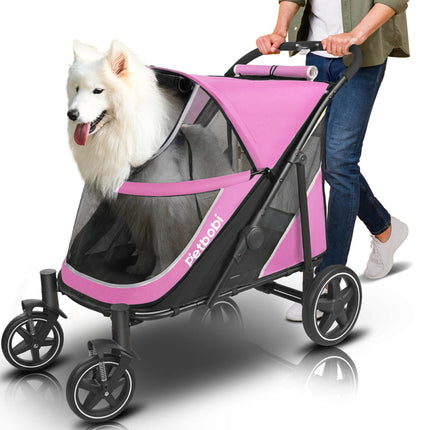 Petbobi Dog Stroller for Large & Medium Dogs - Easy Fold Dual Entry Pet Stroller with One-Foot Brake, All Terrain Wagon Cart with Air Mesh, Ideal for Large Senior Pets up to 80 lbs, Pink