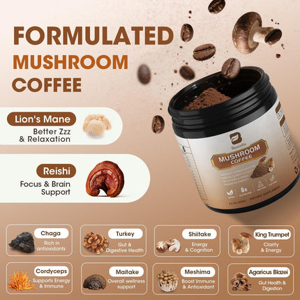 250g Mushroom Coffee - Lion's Mane Mushroom Instant Coffee Powder with Lions Mane, Reishi, Chaga, Cordyceps, Turkey Tail - Mushroom Alternative Coffe for Energy, Mental Clarity & Focus, Brain Booster