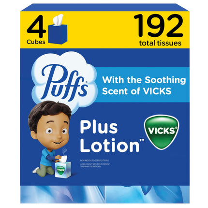 Puffs Plus Lotion with Vicks Facial Tissues, 4 Cubes, 48 Tissues per Box (192 Tissues) [Packaging May Vary]