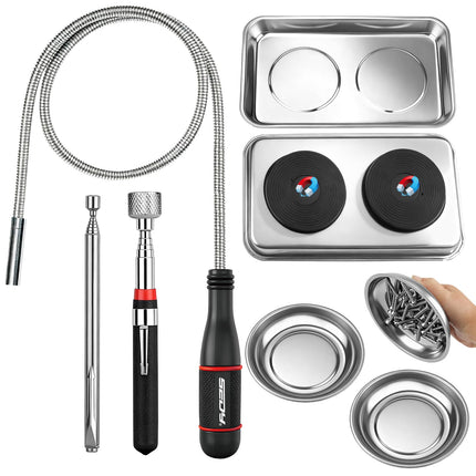 6-Piece Telescoping Magnetic Pickup Tools Set: 31in Portable Magnetic Pickup Stick, 25in Pen-Style Magnetic Pickup Tool, 20in Flexible Bendable Spring Magnet Stick with 4in 9in Magnet Parts Tray
