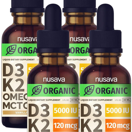 (4 Pack) Organic Vitamin D3 K2 Drops with MCT Oil & Omega 3 - Liquid Vitamin D3 5000 IU - K2 D3 Vitamin Supplement - Vitamin D Drops for Women & Men - No Fillers, Non-GMO, GMP, Vanilla (4 Fl Oz)