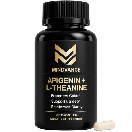 Mindvance Apigenin 100mg with L-Theanine 200mg Supplement Capsules for Sleep Support, Relaxation, Clarity & Calm | Melatonin Free | 60 Vegan Capsules
