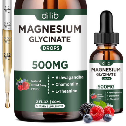 dilib Magnesium Glycinate Liquid Drops Supplement, with Magnesium Glycinate 500mg Ashwagandha, L - Theanine, Chamomile -Support Stress Relief, Bone, Muscle, Mood Mixed Berry Flavor