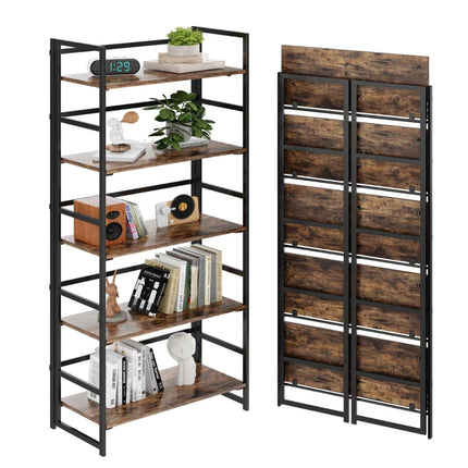 BHG Vintage Multifunctional Folding Bookshelf, No-Assembly Plant Stand Storage Rack Shelves for Home Office (Fire, 5-Tier)