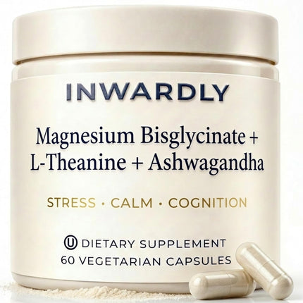 Magnesium Glycinate 500mg (as TRAACS Bisglycinate) + KSM-66 Ashwagandha 300mg + L-Theanine 200mg - Sleep, Stress & Cognitive Support - High Absorption Chelated Magnesium Supplement - 60 Vegan Capsules