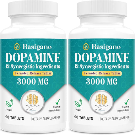 Basigano Dopamine Supplement for Women & Men with Ashwagandha, L-Theanine & Magnesium, Vegan Extended-Release 90 Tablets, Pack of 2