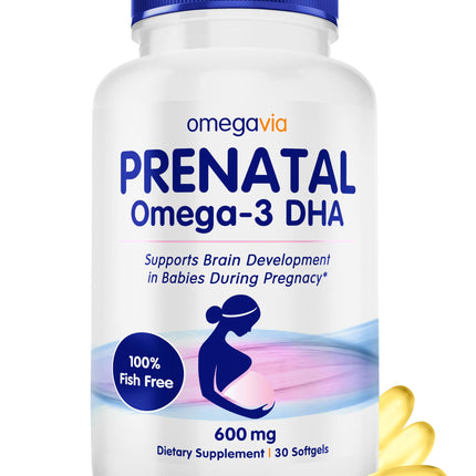 OmegaVia Prenatal DHA 600mg | Fish-Free Omega-3 Supplement | Supports Baby’s Brain, Eye & Nervous System Development | Safe for Pregnancy & Lactation | 30 Easy-to-Swallow Softgels