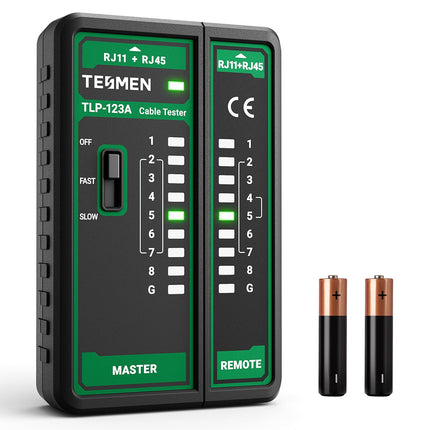 TESMEN TLP-123A Network Cable Tester for RJ11 RJ45, Ethernet Wire Tool for CAT5/CAT5E/CAT6/CAT6A/CAT7/UTP&STP, LAN & TEL Continuity Test, Suitable for Cable Maintenance - Green