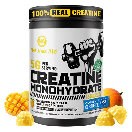 Natures Aid Creatine Monohydrate Gummies – Pre-Workout Energy & Muscle Growth Support for Men & Women | Mango Electrolyte Gummies (135 Count)