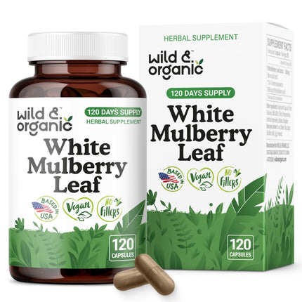 Wild & Organic White Mulberry Leaf Extract Capsules 500 mg - Antioxidant & Overall Support - Pure Mulberry Extract Supplement - Morus Alba Leaf Powder - Vegan, No Fillers, Non-GMO - 120 Count