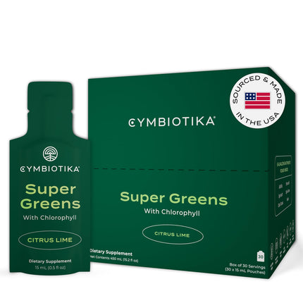 CYMBIOTIKA Super Greens Supplement with Chlorophyll, Spirulina, Daily Vegan Superfood Packets for Digestive Gut Health, Detox, Energy and Immune Support, Citrus Lime Flavor, 15 mL Pouches, 30 Pack