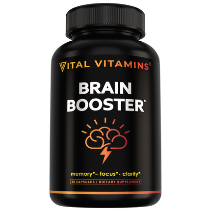 Vital Vitamins Brain Supplements with Bacopa Monnieri - for Memory and Focus – Nootropic Brain Booster - Caffeine-Free Support for Adults & Seniors – Non-GMO, 30-Day Supply, 30 Capsules