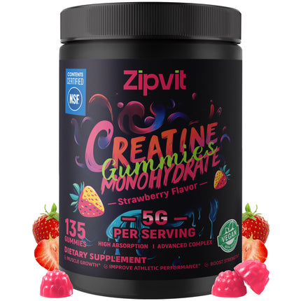 Creatine Monohydrate Gummies, NSF Certified Creatine Gummy, 5g Dose for Men & Women to Support Muscle, Strength, Recovery, Cognitive Health & Memory, Strawberry Flavor, 135 Gummies