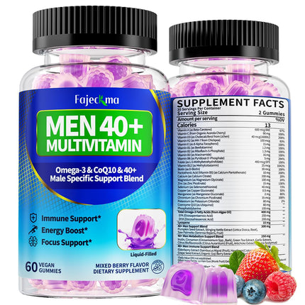 Fajeckma Mens Multivitamins Gummies for 40 Plus: Chewable Sugar Free Mens Multivitamins 40 Plus Gummy with Methylated B-Complex Omega-3 Magnesium CoQ10 Lycopene - Daily Vitamins for Men(120Count)