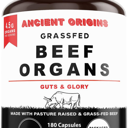 Ancient Origins Grass Fed Beef Organs Supplement 4500 mg - Desiccated Liver, Bone Marrow, Heart, Spleen, Pancreas & Kidney, Non-GMO, Gluten Free, Undefatted (180 Capsules, 750mg Each)