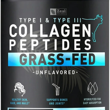 Zeal Naturals Hydrolyzed Collagen Peptides Powder, 10g Protein | Grass-Fed Collagen for Women & Men | Essential Amino Acids | Hair, Skin, Nails, Bone Health | 60 Servings, Unflavored, 23.53 oz.
