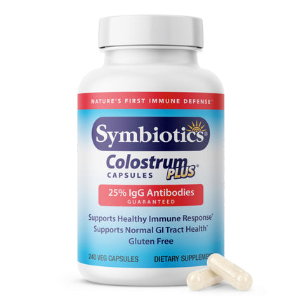 Symbiotics Colostrum Vegetable Capsules, 240 Count – with Lactoferrin and Naturally Occurring IgG – Gluten Free, RBST-Free - 240