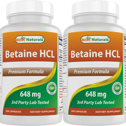 Best Naturals Betaine HCL 648 mg 250 Capsules (250 Count (Pack of 2))