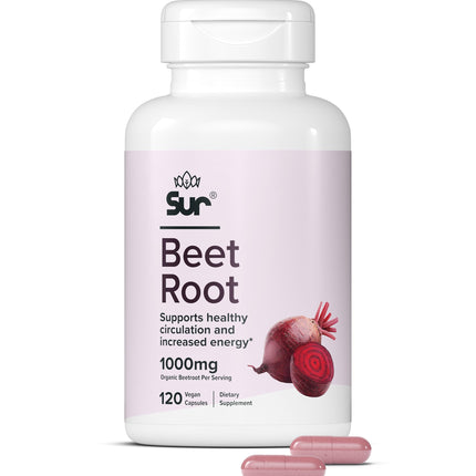 Sur Organic Beet Root Capsules 1000mg - Supports Healthy Circulation and Increased Energy - Nitric Oxide Superfood (120 Capsules)