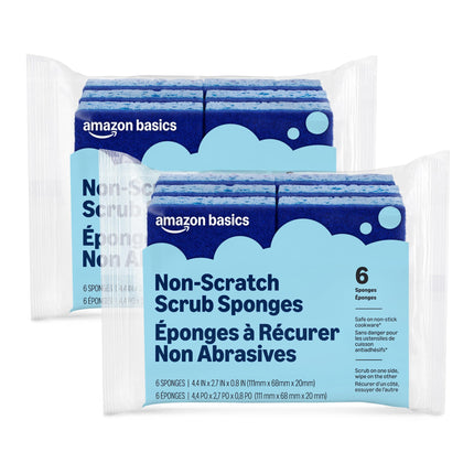 Amazon Basics Non-Scratch Dual-Sided Sponges for Nonstick Pots and Pans, Dish Scrubber, All-Purpose, 12-Pack (2 Packs of 6), Packaging May Vary