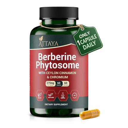 ATTAYA Berberine Phytosome Supplement 275mg (Berbevis®) with Ceylon Cinnamon 250mg & Chromium Picolinate 200mcg – 1 Capsule Daily Berberine Plus Supplement – 60 Capsules