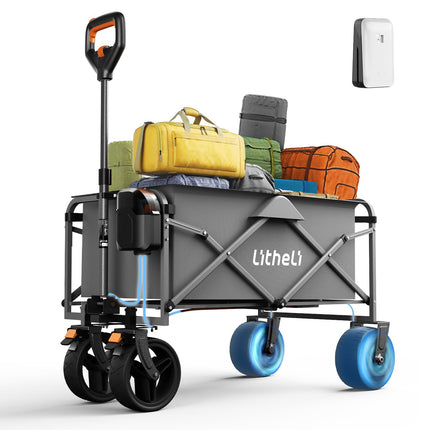 Litheli Electric Collapsible Wagon Cart with Brakes, 100L Grocery Cart with Wheels,Easy to Carry Folding Wagon for Camping, Gardening, Shopping
