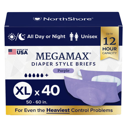 NorthShore MegaMax Made in USA 12-Hour HBL Adult Diapers for Heavy Bladder Leaks, X-Large, 40 Count, Purple, 50-60 inches, Tab-Style Incontinence Underwear for Men, Women & Teens