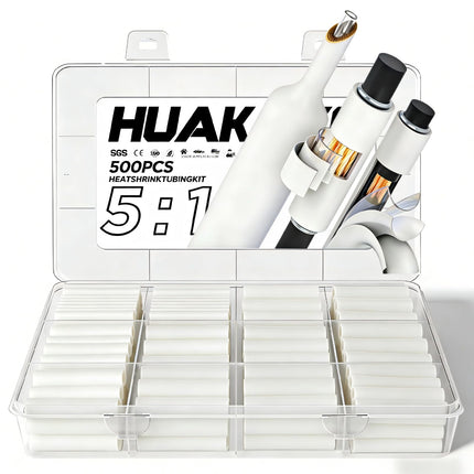 5:1 Heat Shrink Tubing Kit 500 PCS, Industry-Leading 5:1 Ratio Shrink Wrap Tubing Adhesive Lined, Heat Shrink Wire Connectors, Marine Grade Dual Wall, Waterproof Electrical Wire Tube Connectors(White)