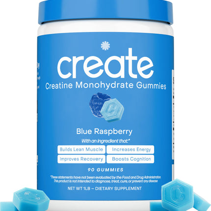 Create Creatine Monohydrate Gummies for Men & Women, Boost Focus, Strength, and Endurance, Anti-Melting Formula, Vegan, Gluten-Free, Non-GMO, 1.5g of Creatine per Gummy (Blue Raspberry)